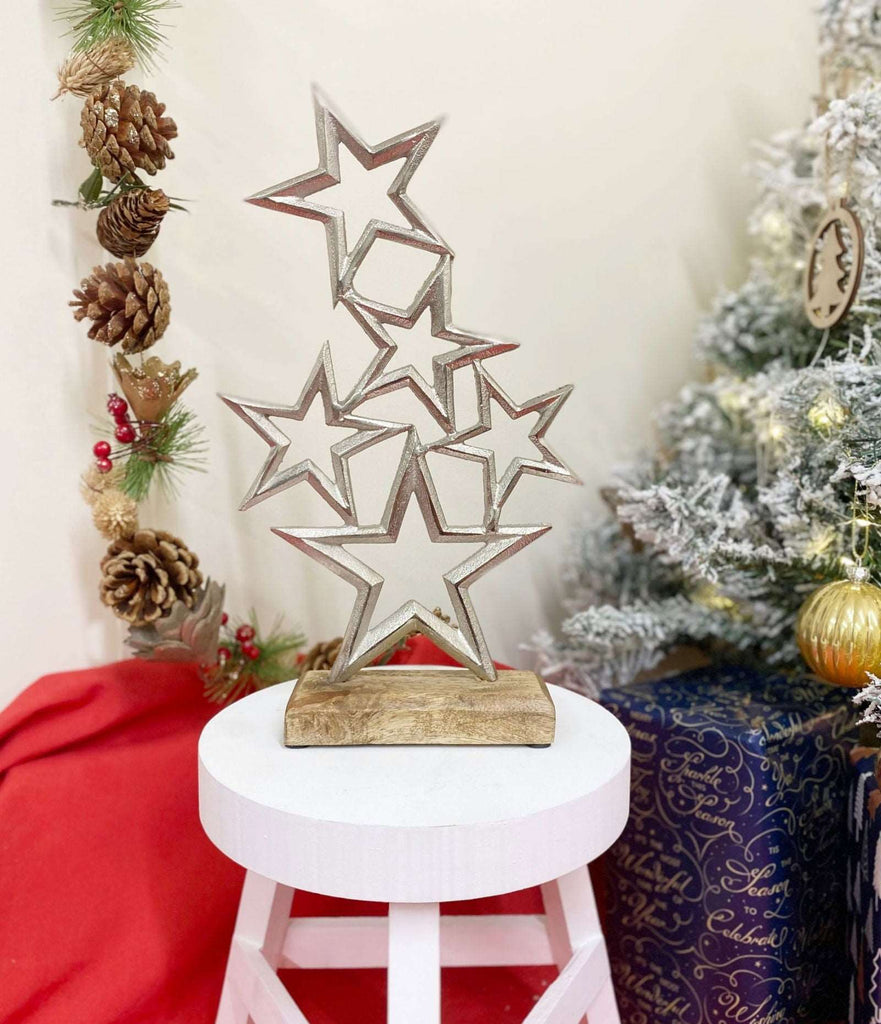 Silver Metal Stars On Wood Plinth Geko Products