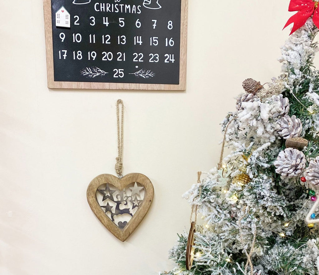 Small Wood Hanging Heart With Metal Reindeer & Stars Geko Products