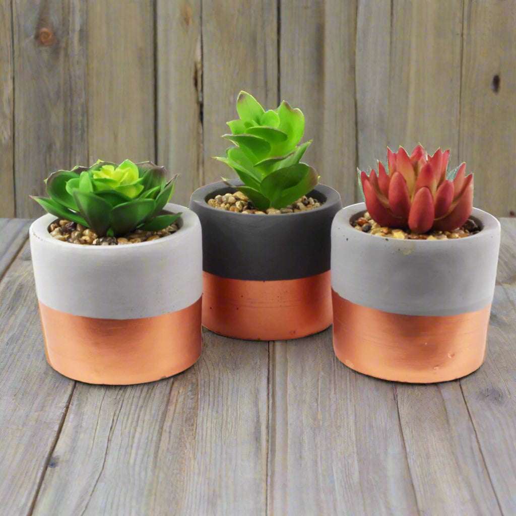 14cm Set of Three Stoneware Mini Copper Band Planters with Artificial Succulent Plants Leaf