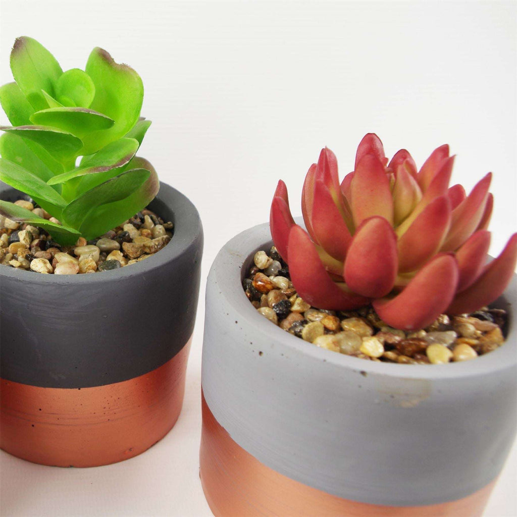 14cm Set of Three Stoneware Mini Copper Band Planters with Artificial Succulent Plants Leaf