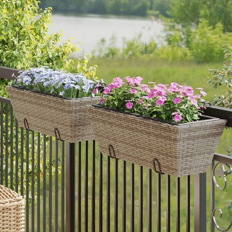 vidaXL Garden Planters with hooks 2 pcs Black Poly Rattan grey 64 x 22 x 18 cm vidaXL