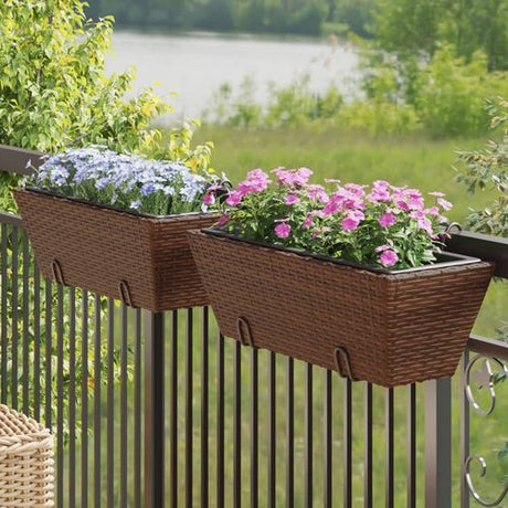 vidaXL Garden Planters with hooks 2 pcs Black Poly Rattan brown 54 x 22 x 18 cm vidaXL