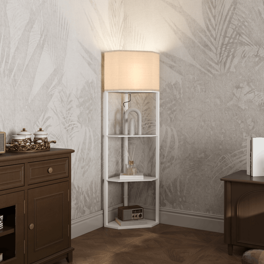 HOMCOM Corner Modern Floor Lamp with Shelves for Living Room, Bedroom HOMCOM