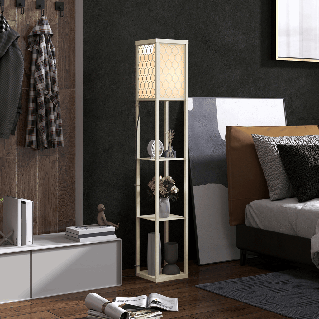 HOMCOM Modern Floor Lamp Light with 3 Shelves Fabric Lampshade HOMCOM