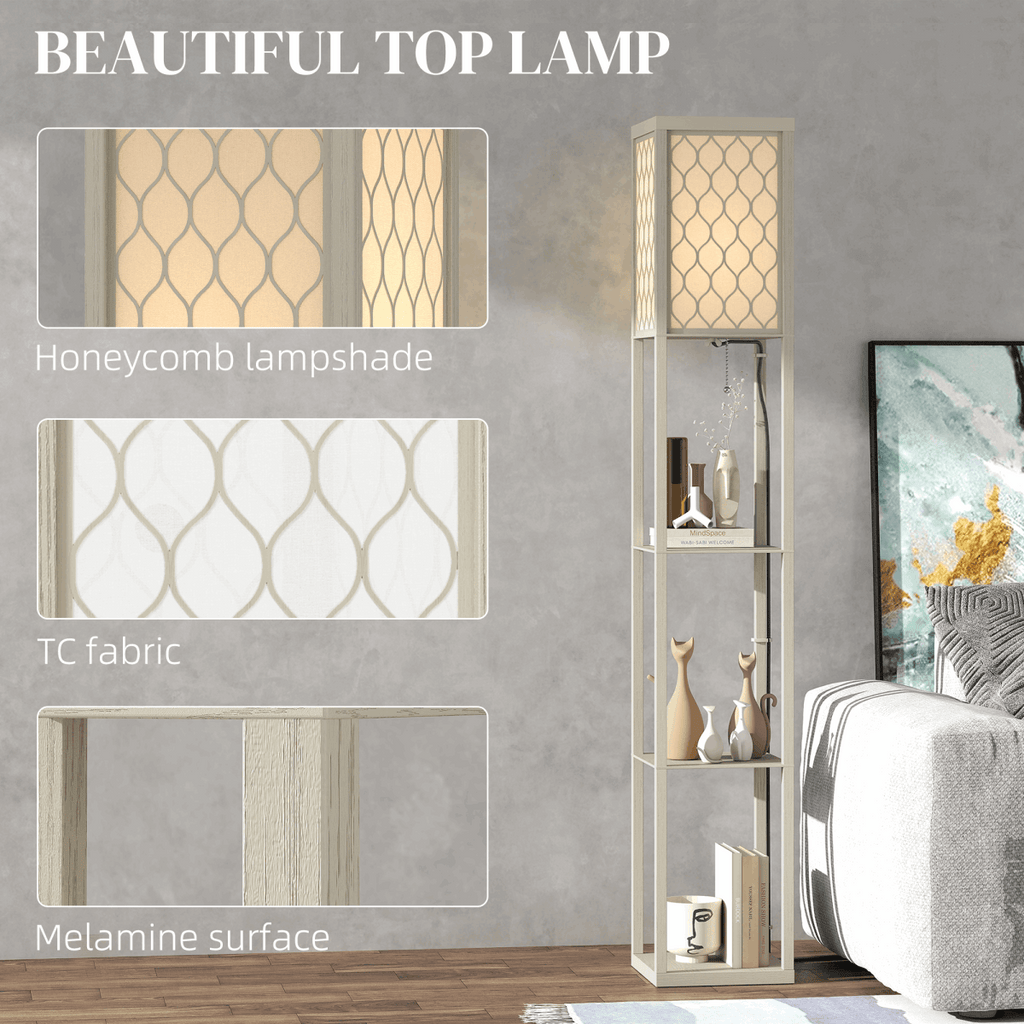 HOMCOM Modern Floor Lamp Light with 3 Shelves Fabric Lampshade HOMCOM