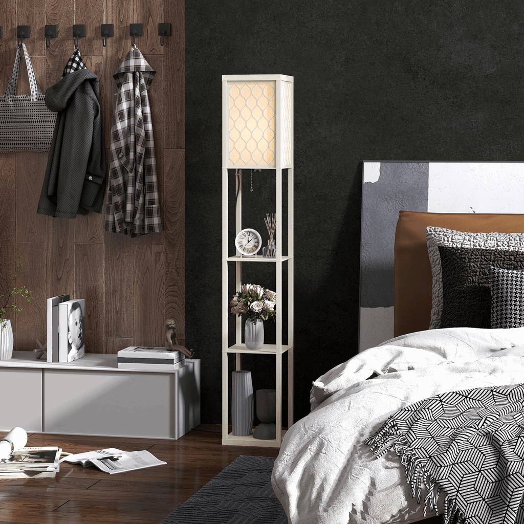 HOMCOM Modern Floor Lamp Light with 3 Shelves Fabric Lampshade HOMCOM