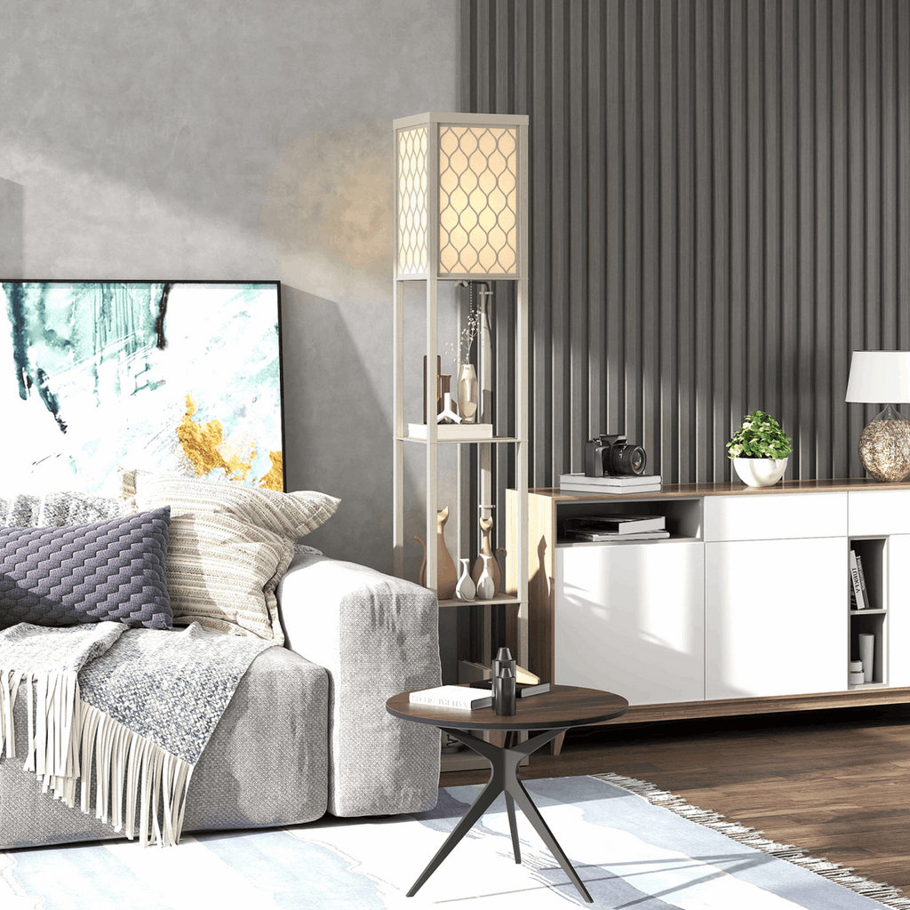 HOMCOM Modern Floor Lamp Light with 3 Shelves Fabric Lampshade HOMCOM