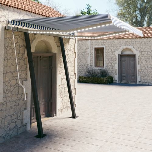 vidaXL Manual Retractable Awning with LED 3x2.5 m Blue and White vidaXL