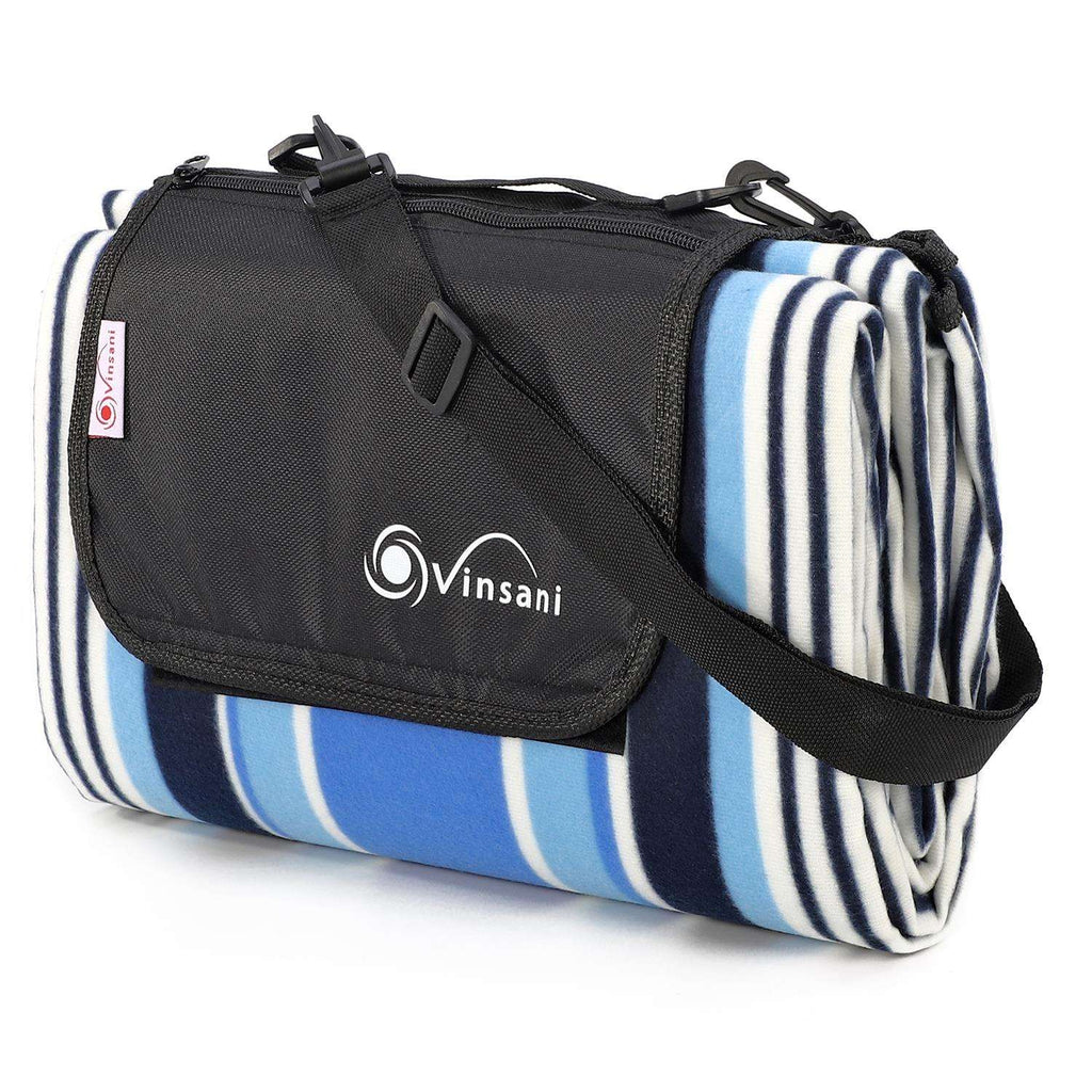 Vinsani Folding Picnic Blanket - Extra Large Waterproof Blue Stripe Vinsani