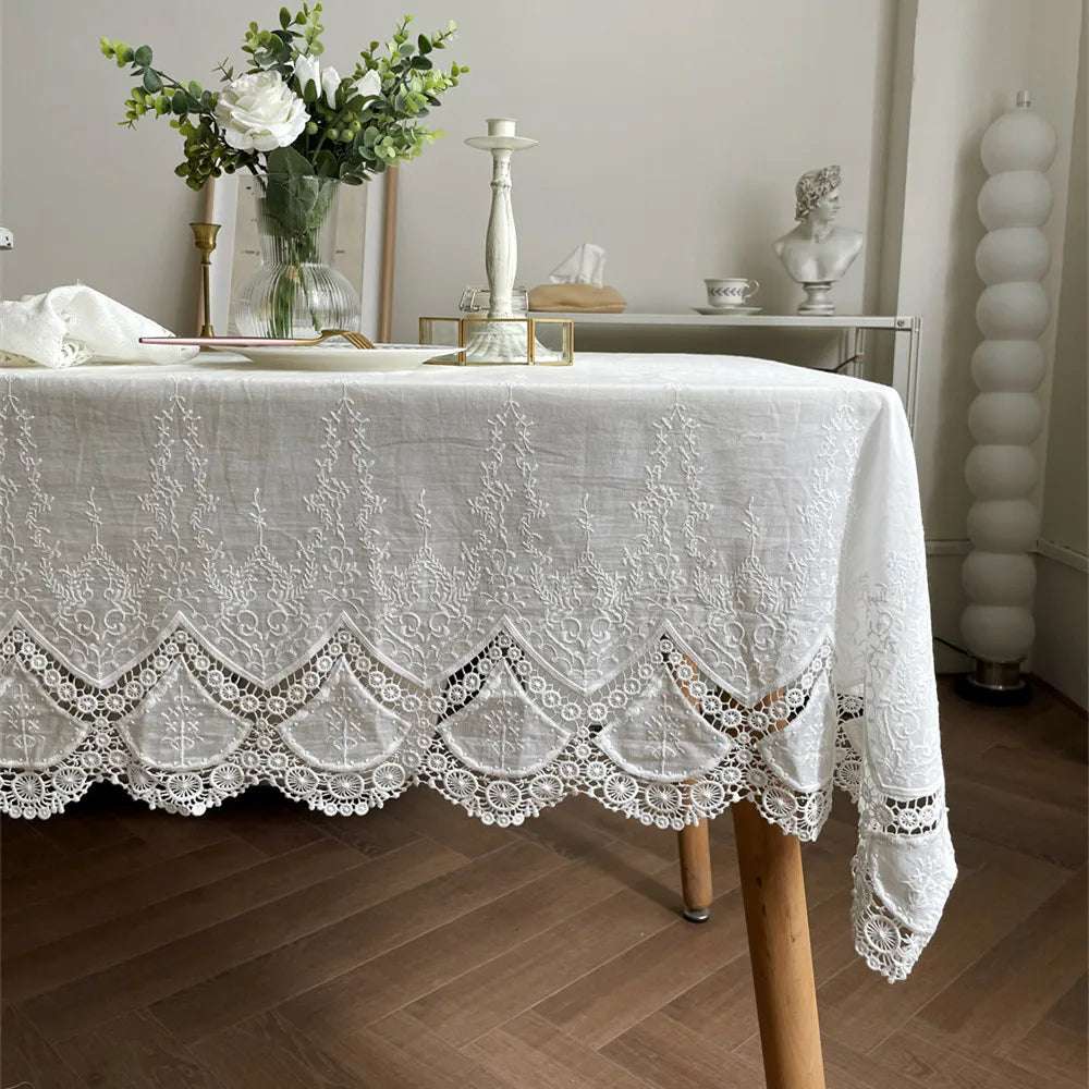 100% Cotton White Embroidery Lace Flower Tablecloth N/A