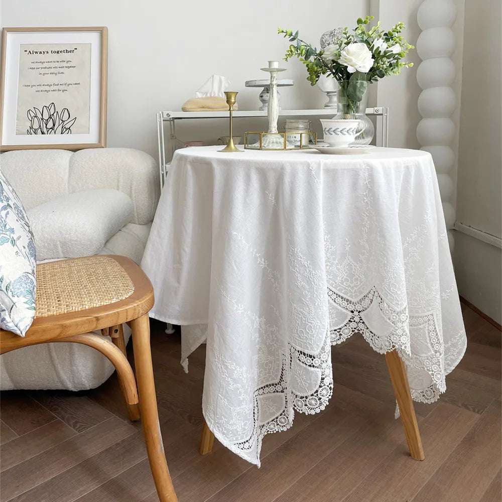 100% Cotton White Embroidery Lace Flower Tablecloth N/A