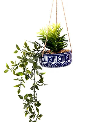 Blue Ceramic Hanging Pot with Plants - Shades 4 Seasons