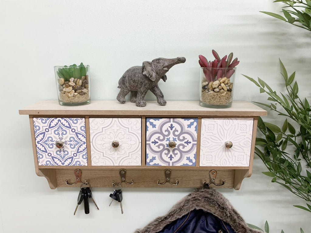 Wooden Blue Wall Shelf With 4 Drawers & Hooks 46cm Geko Products