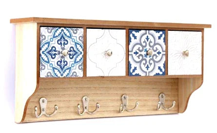 Wooden Blue Wall Shelf With 4 Drawers & Hooks 46cm - Shades 4 Seasons