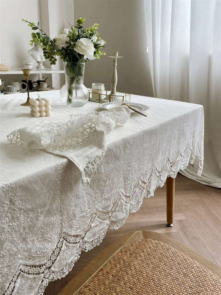 100% Cotton White Embroidery Lace Flower Tablecloth N/A