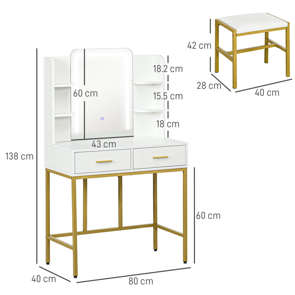 HOMCOM Makeup Vanity Desk Set with Lighting Mirror, Stool, Drawers, White HOMCOM