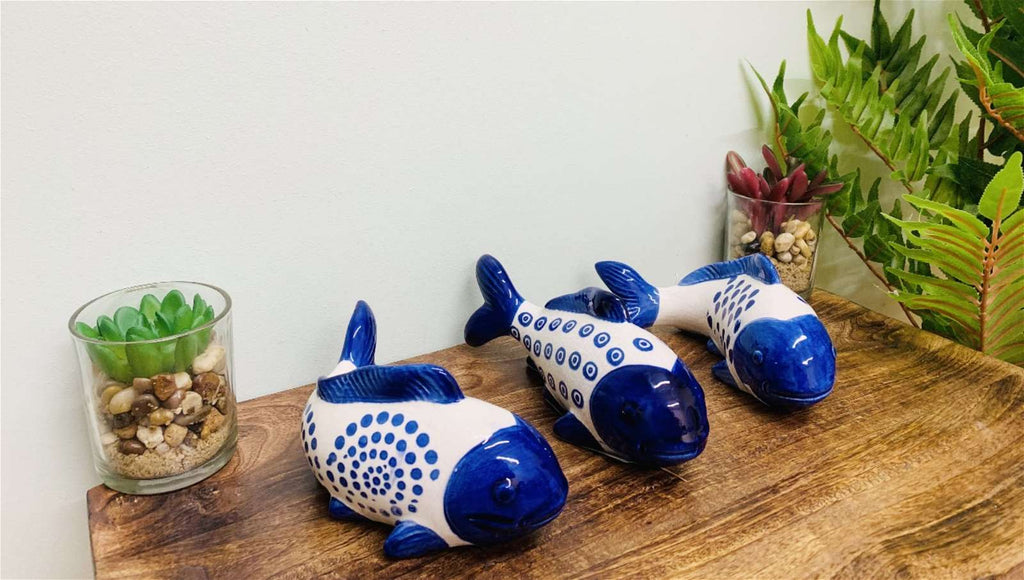 Set of 3 Blue Koi Fish Ceramic Ornaments Willow Design Geko Products