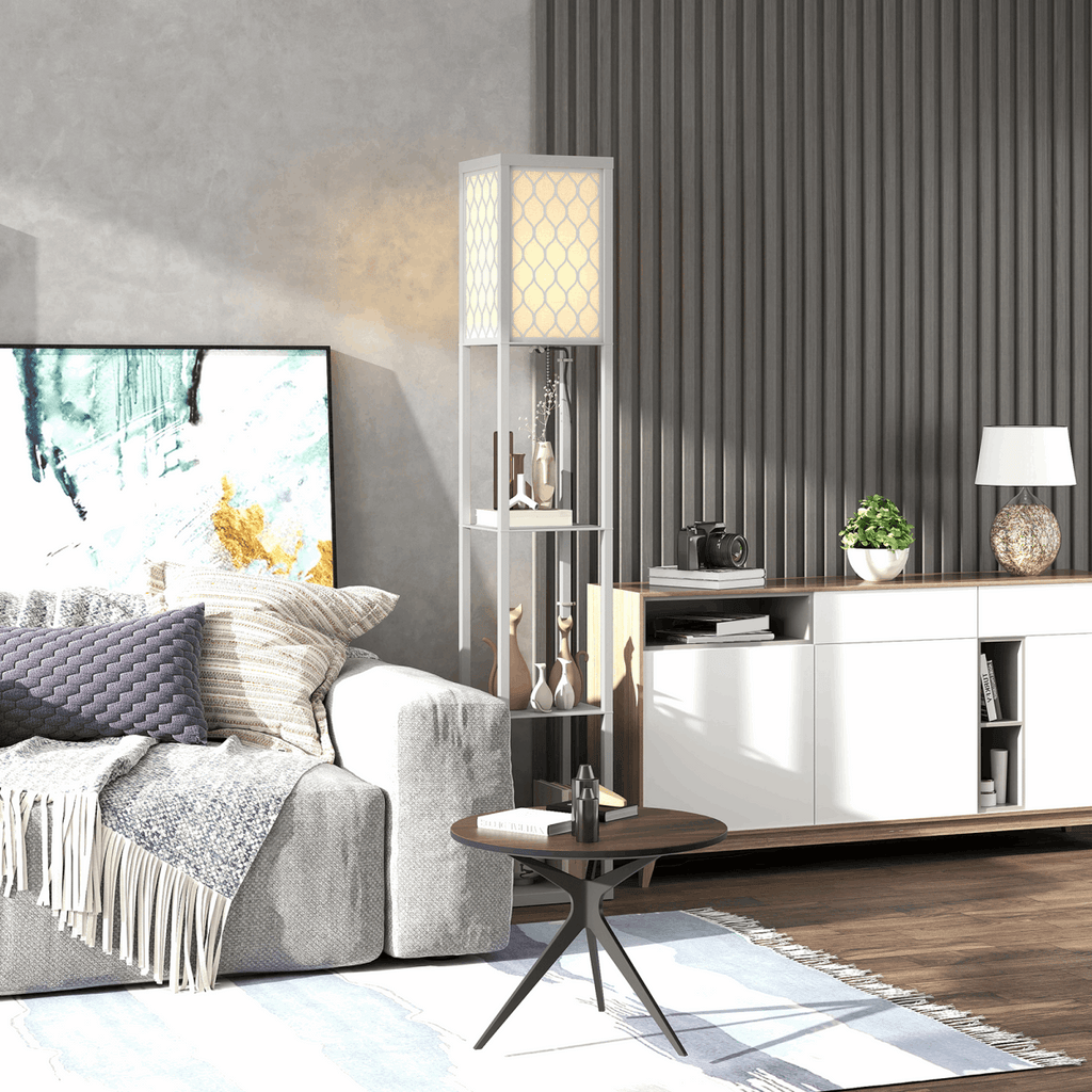 HOMCOM Modern Floor Lamp Light with 3 Shelves Fabric Lampshade HOMCOM