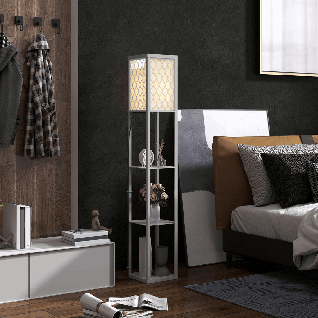 HOMCOM Modern Floor Lamp Light with 3 Shelves Fabric Lampshade HOMCOM