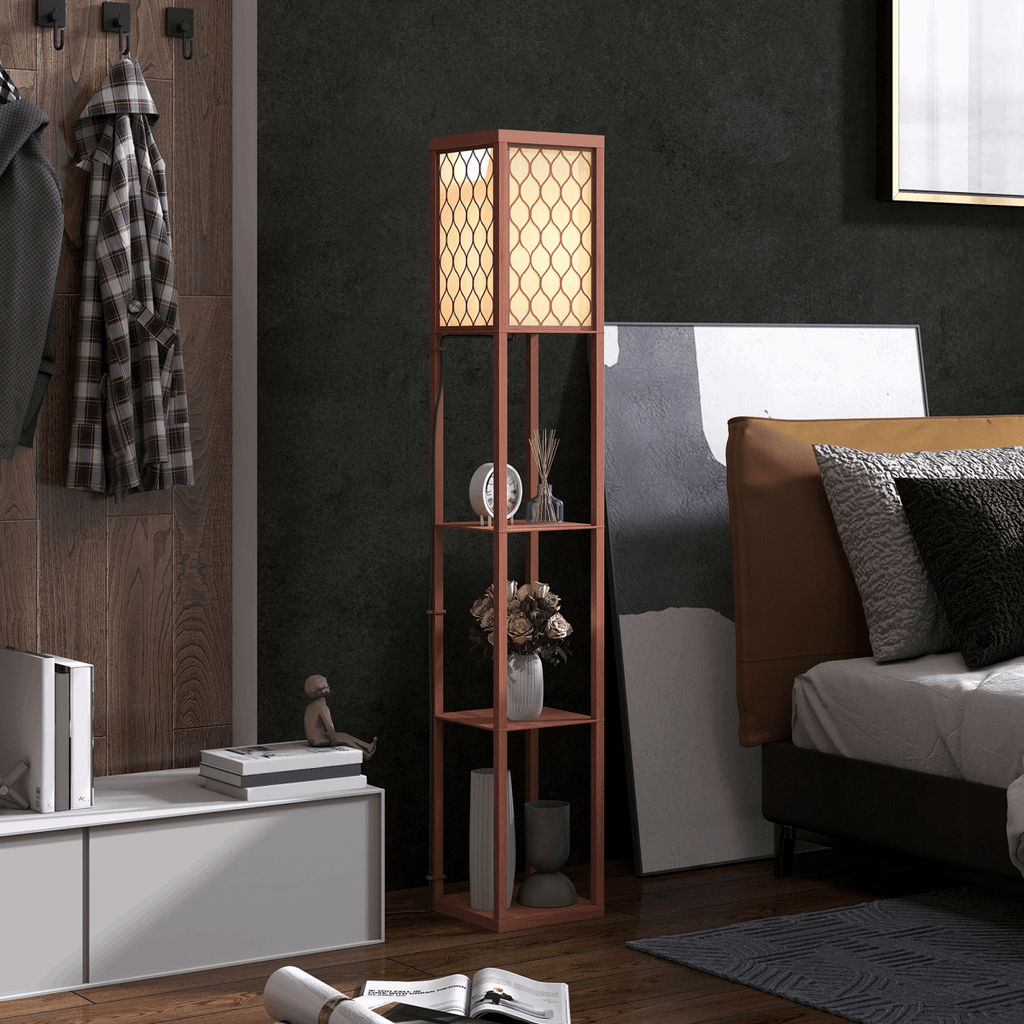 HOMCOM Modern Floor Lamp Light with 3 Shelves Fabric Lampshade HOMCOM