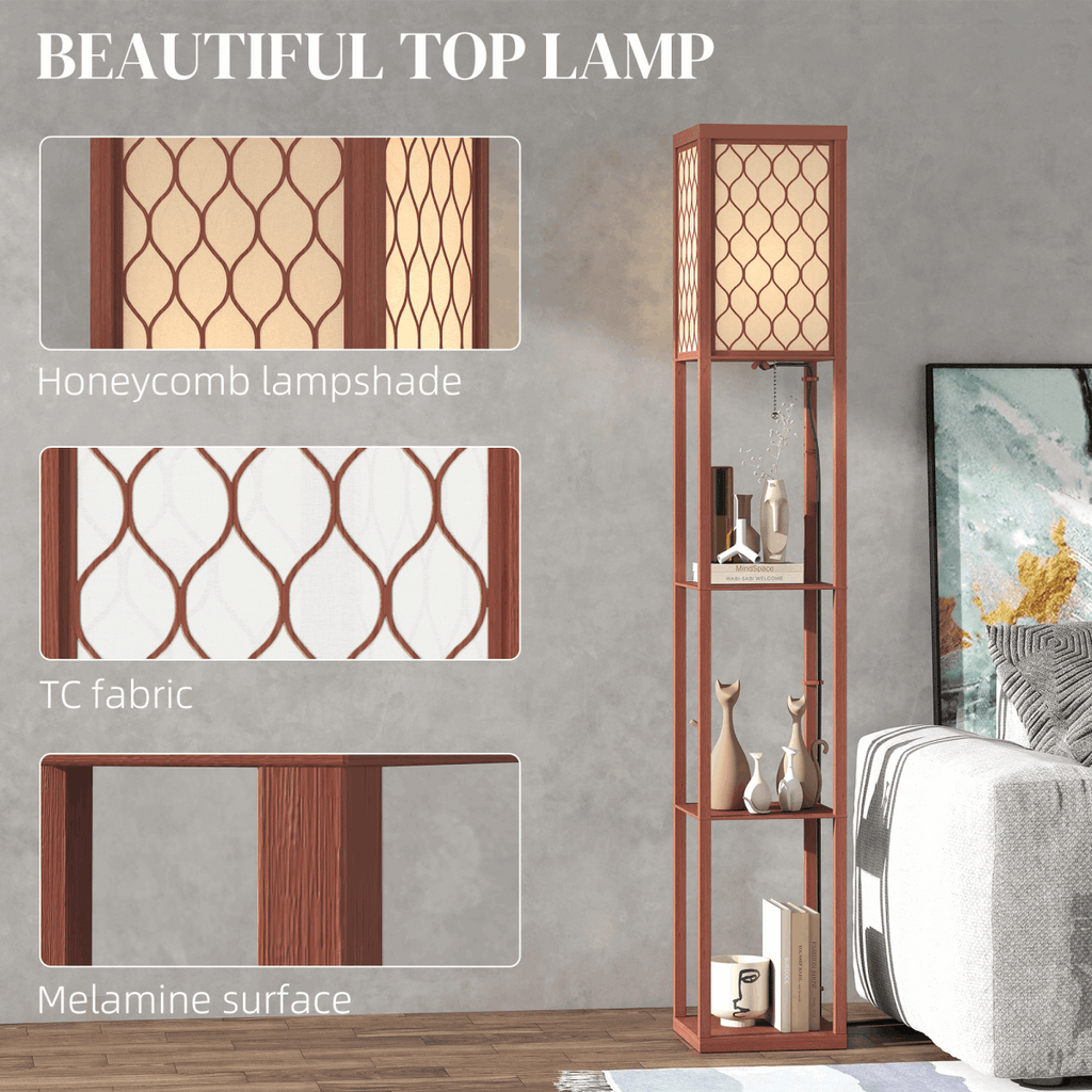 HOMCOM Modern Floor Lamp Light with 3 Shelves Fabric Lampshade HOMCOM