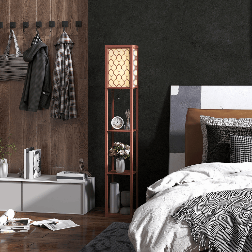 HOMCOM Modern Floor Lamp Light with 3 Shelves Fabric Lampshade HOMCOM