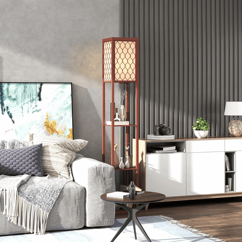 HOMCOM Modern Floor Lamp Light with 3 Shelves Fabric Lampshade HOMCOM