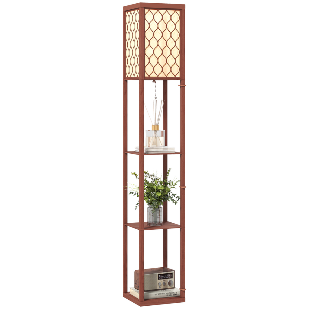 HOMCOM Modern Floor Lamp Light with 3 Shelves Fabric Lampshade Brown HOMCOM