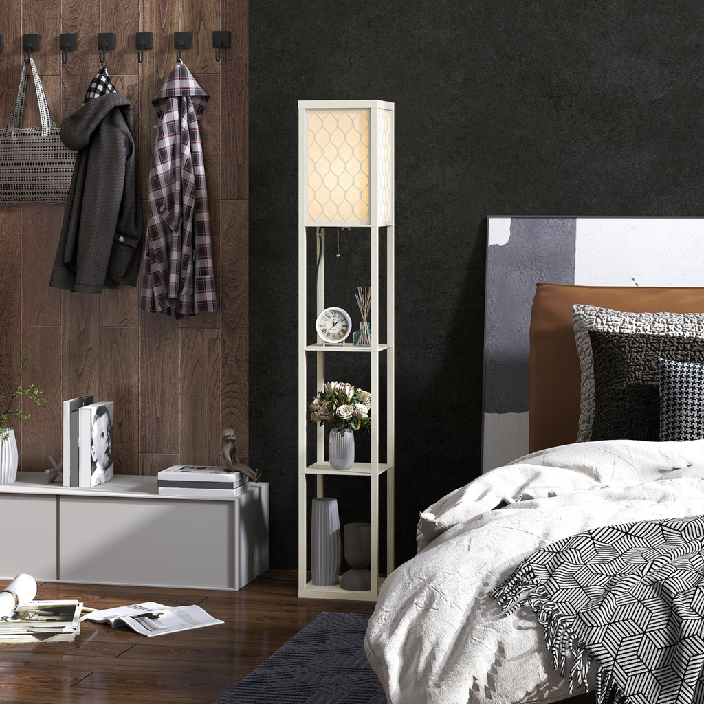 HOMCOM Modern Floor Lamp Light with 3 Shelves Fabric Lampshade HOMCOM