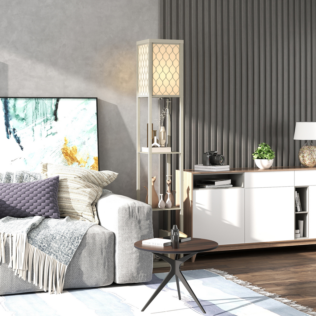 HOMCOM Modern Floor Lamp Light with 3 Shelves Fabric Lampshade HOMCOM