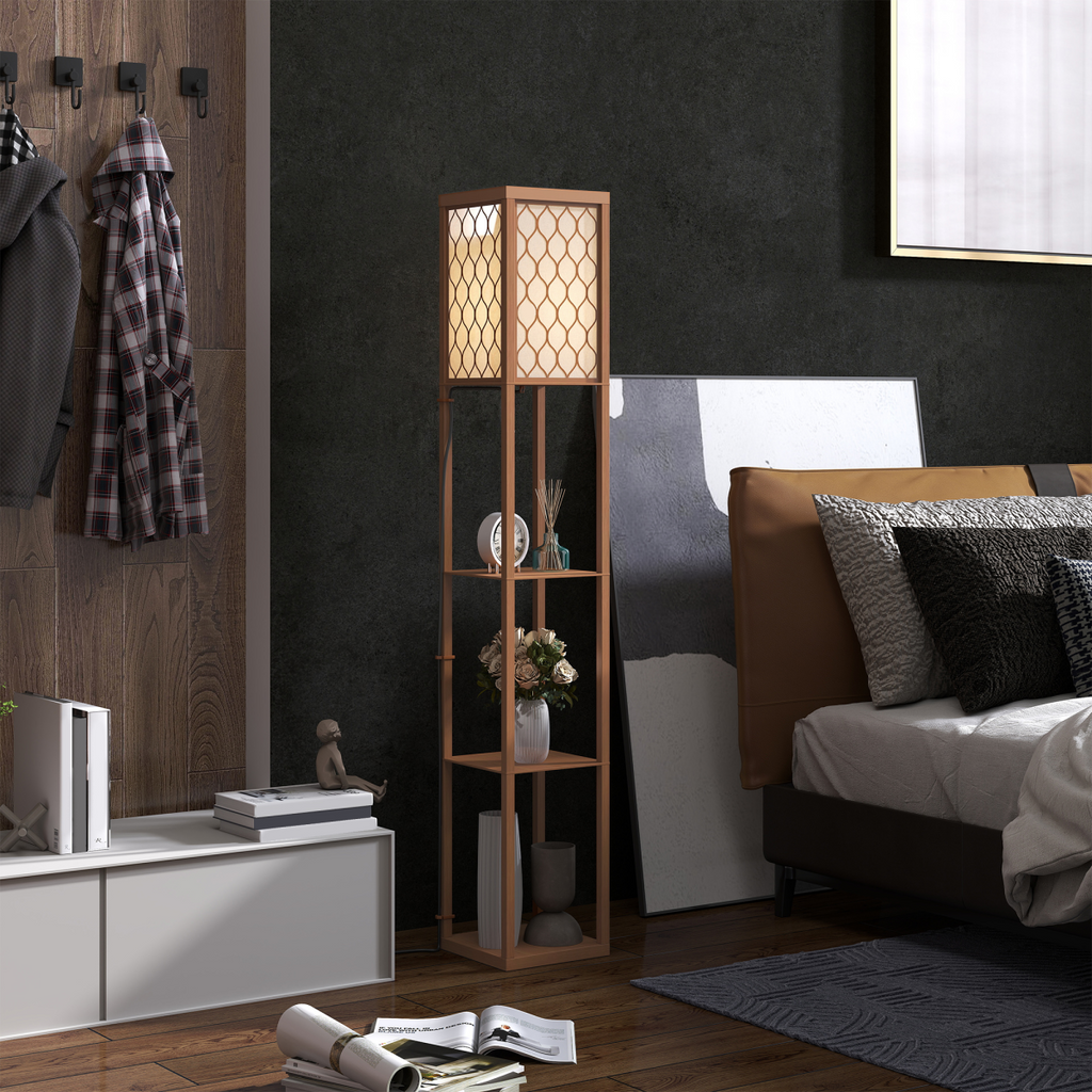 HOMCOM Modern Floor Lamp Light with 3 Shelves Fabric Lampshade HOMCOM