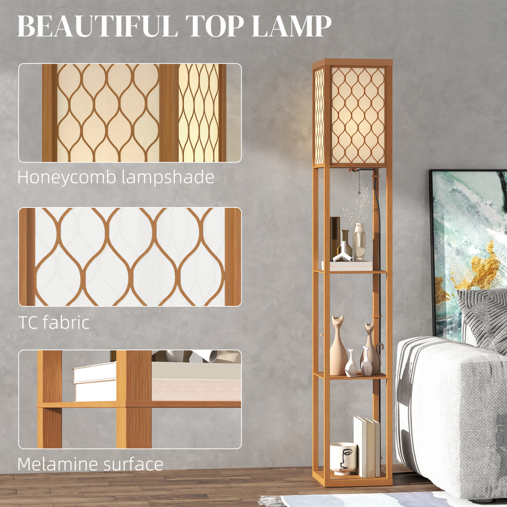 HOMCOM Modern Floor Lamp Light with 3 Shelves Fabric Lampshade HOMCOM