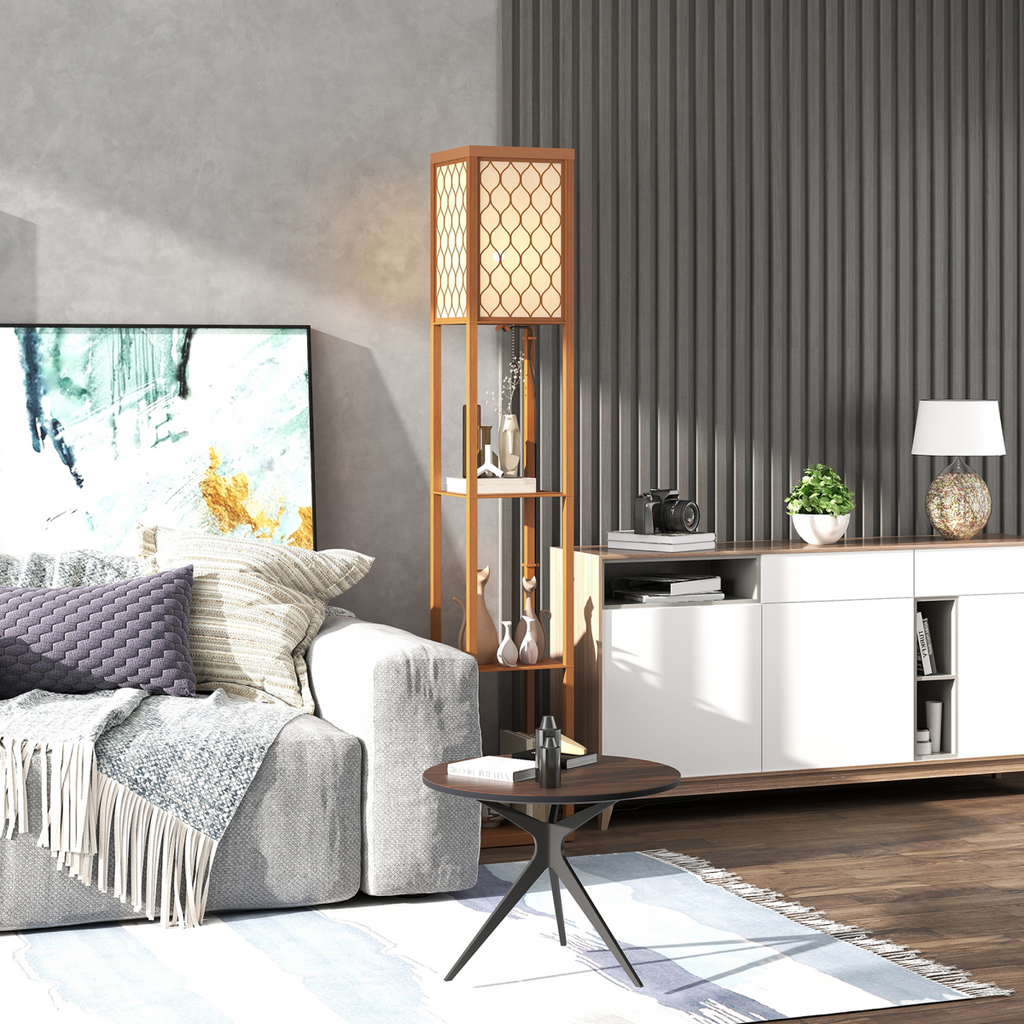 HOMCOM Modern Floor Lamp Light with 3 Shelves Fabric Lampshade HOMCOM