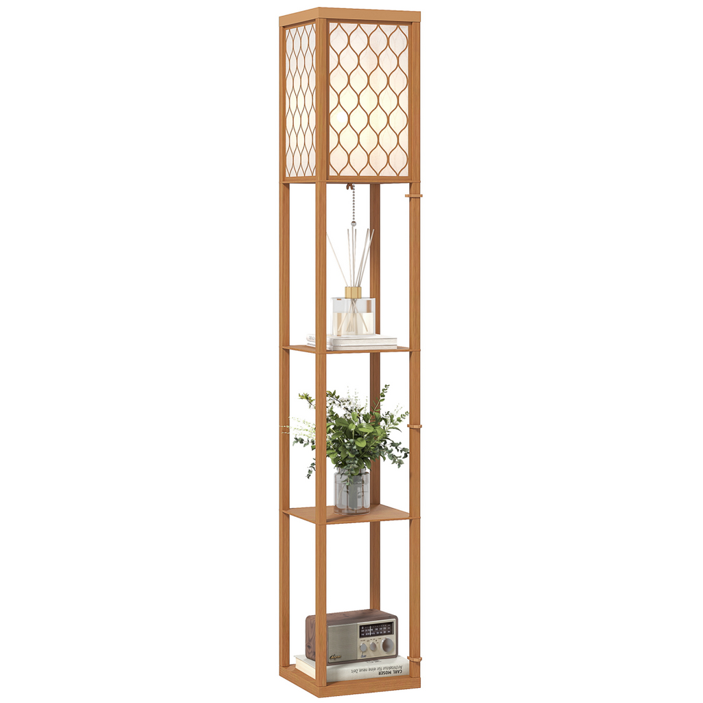 HOMCOM Modern Floor Lamp Light with 3 Shelves Fabric Lampshade Natural wood finish HOMCOM