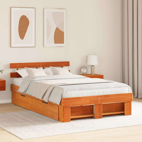 vidaXL Bed Frame with Headboard Brown 100 x 200 cm Solid pine wood Wax brown 135 x 190 cm vidaXL