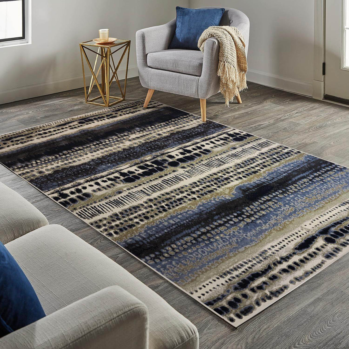 Abstract Rug in navy, beige, and silver tones, perfect for modern living room decor