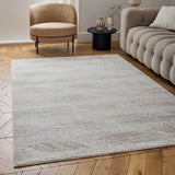 Stylish abstract rug in neutral tones adding a modern touch to a contemporary living room