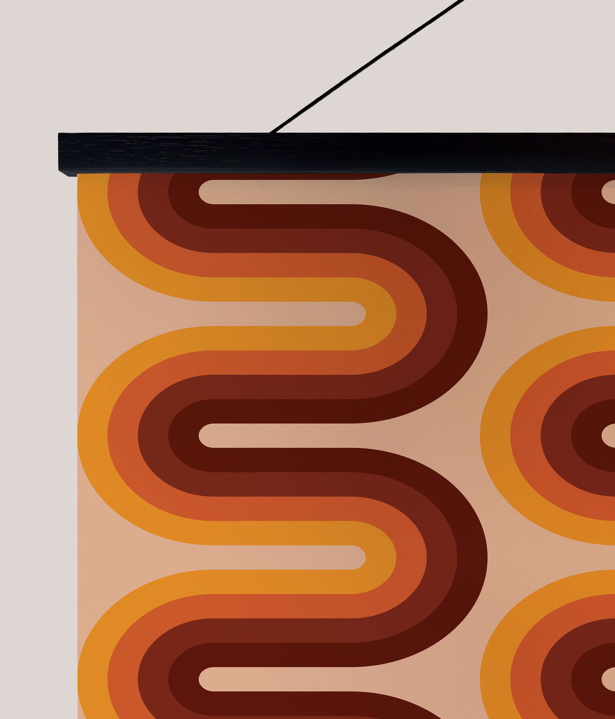 Printworks Tapestry featuring retro wave patterns in warm orange and brown tones