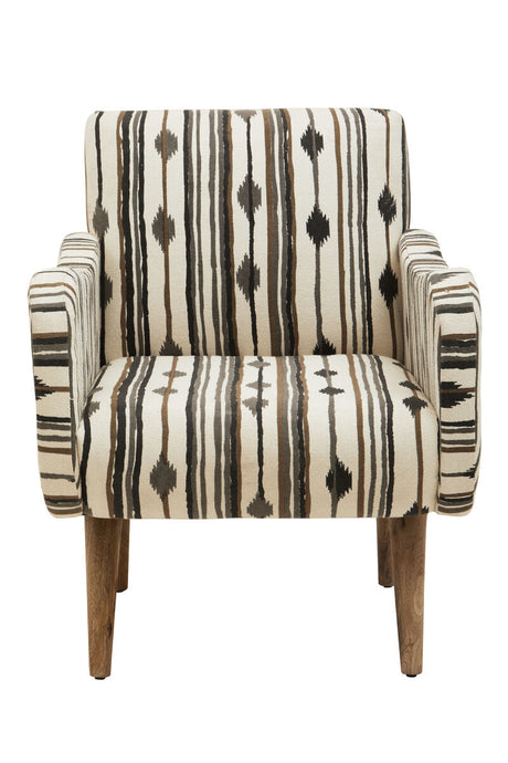 Orsina Accent Chair with a stylish striped pattern and sturdy wooden legs for modern living spaces
