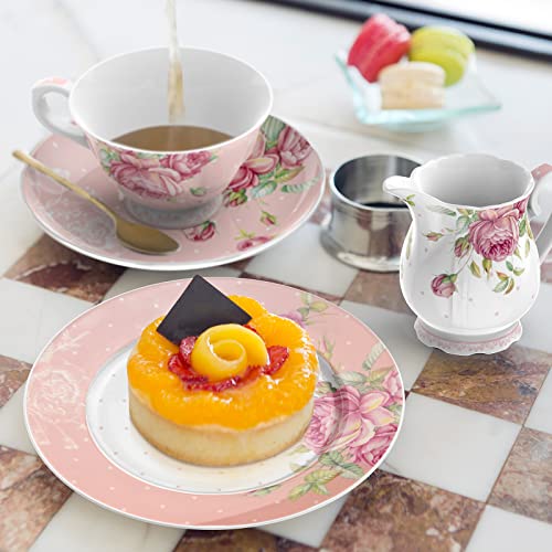 Elegant Afternoon Tea Plates with Floral Design, Cup of Tea, and Delicious Pastry on Pink Table Setting