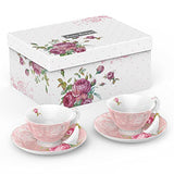 Elegant Afternoon Tea Set with Pink Floral Teacups and Saucers in a Decorative Gift Box