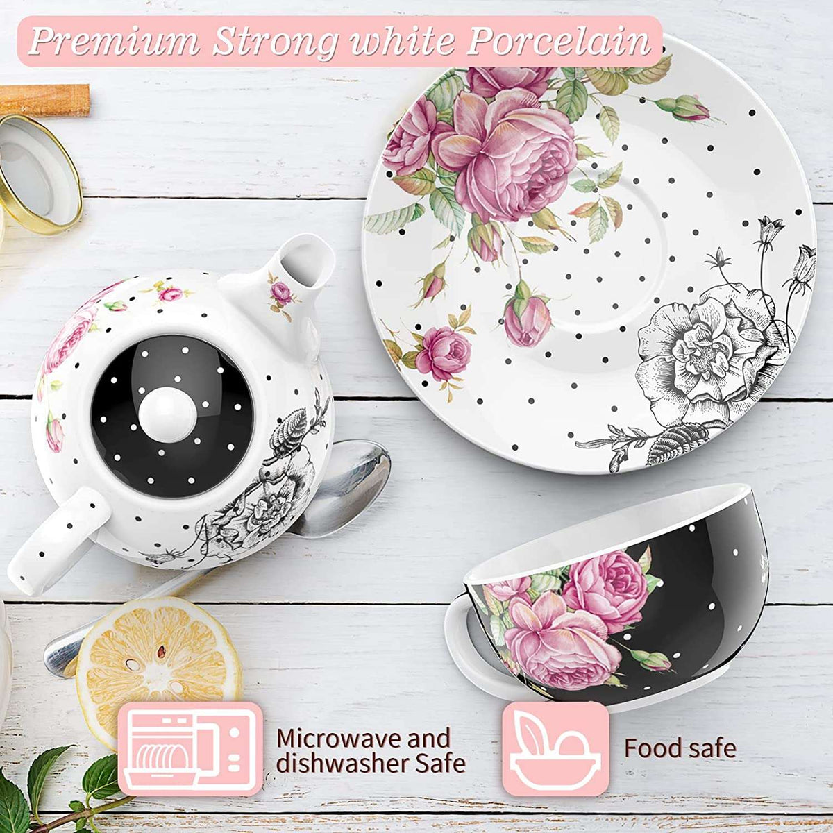 Elegant Afternoon Tea Set in strong white porcelain featuring floral designs and polka dots