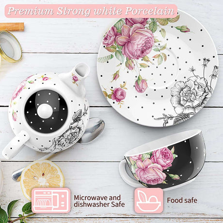 Elegant Afternoon Tea Set in strong white porcelain featuring floral designs and polka dots
