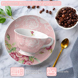 Pink floral Afternoon Tea Set featuring strong porcelain cup and plate, microwave and dishwasher safe