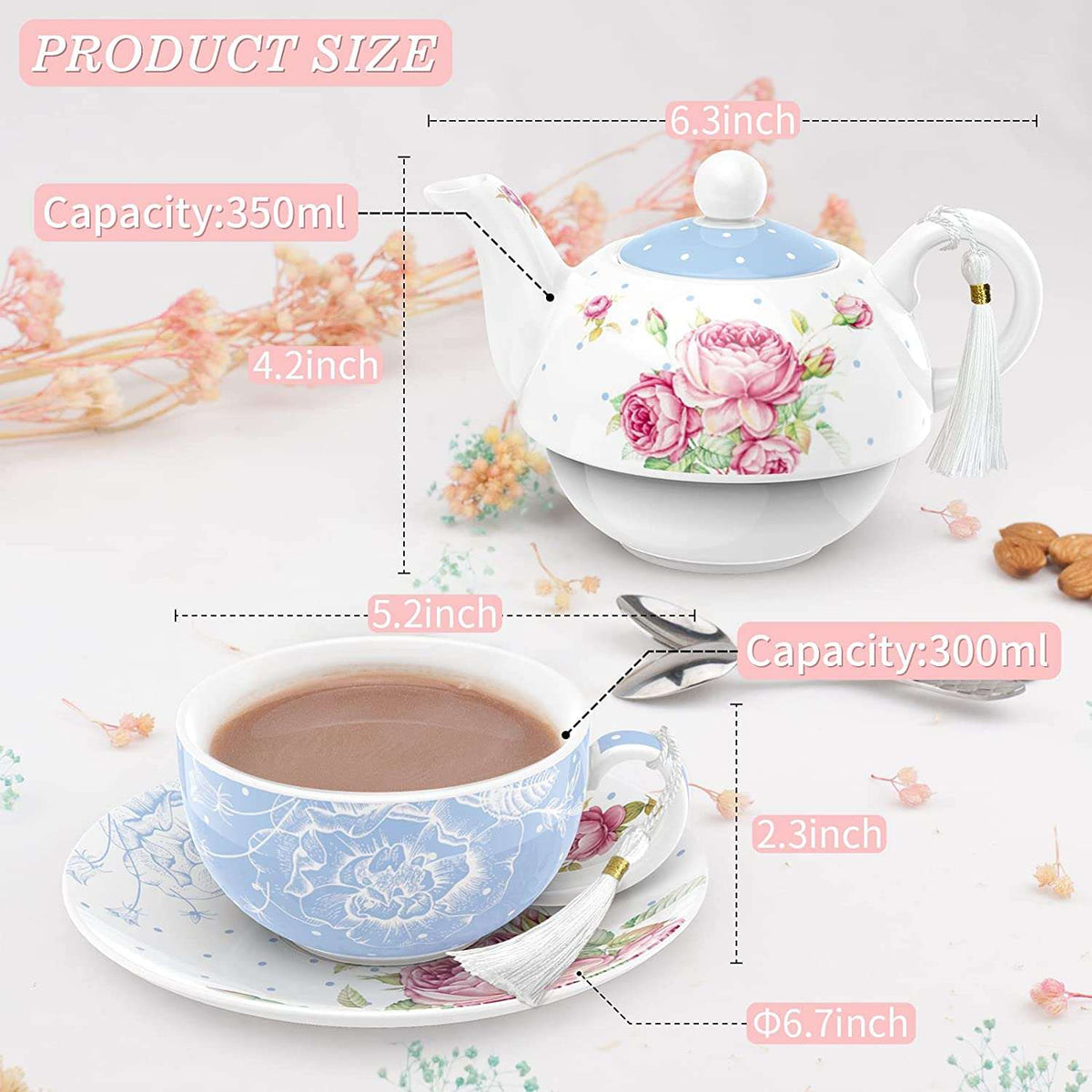 Elegant Afternoon Tea Set featuring a floral teapot and matching cup with size details