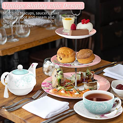 Vintage Shabby Chic Afternoon Tea Set including teapot, teacups, and tiered cake stand with pastries