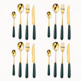 KitchBoom Cutlery Set in gold with dark green handles for elegant dining experiences
