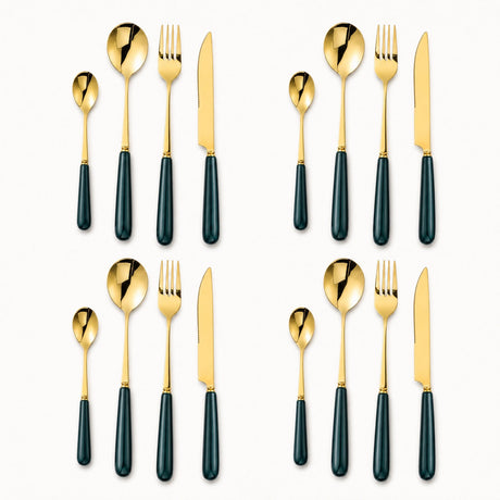 KitchBoom Cutlery Set in gold with dark green handles for elegant dining experiences