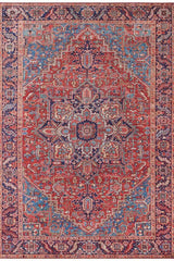 Amata Rug with intricate patterns in warm red and cool blue hues, perfect for enhancing any living space