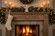 Elegant Angel Decoration on a festive mantel with stockings, candles, and a roaring fire